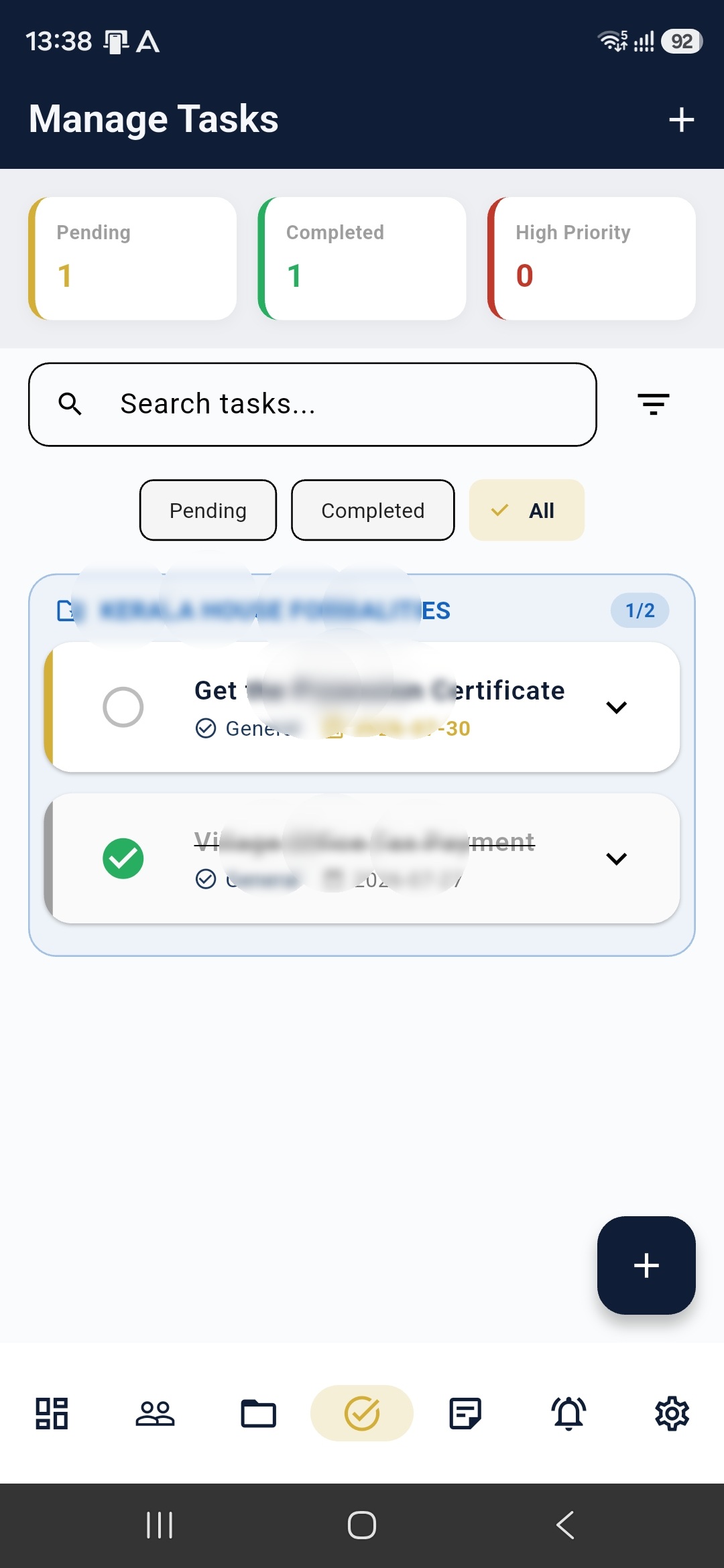 Manage Tasks Screen